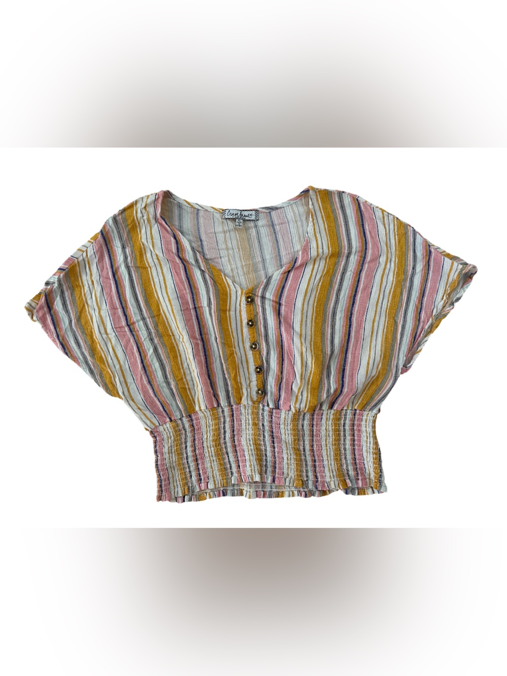 Crave Fame Striped Button-Front Cropped Top in Mustard Pink White